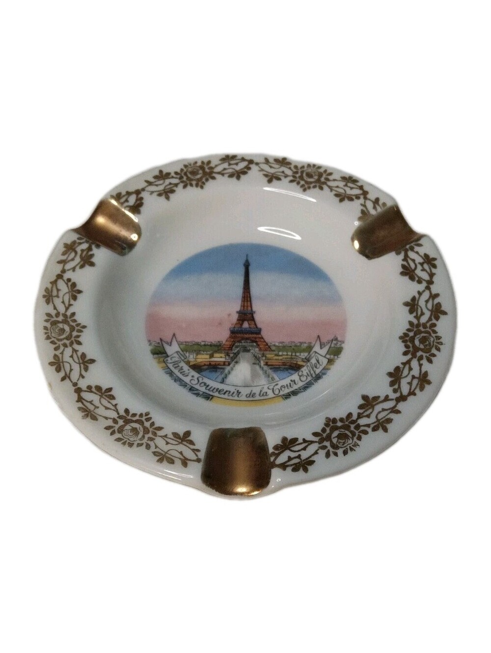 Vintage Limoges France Eiffel Tower Porcelain Ashtray Paris Souvenir Gold Gilt